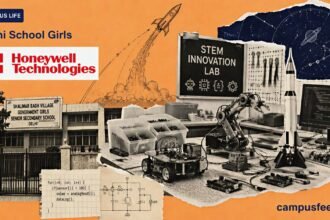 Delhi School Girls explore a halftone STEM Innovation Lab beside Honeywell branding, robotics equipment and a model rocket before their Huntsville workshop
