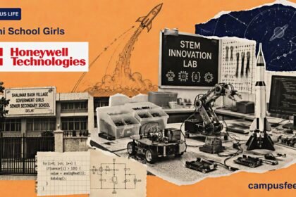 Delhi School Girls explore a halftone STEM Innovation Lab beside Honeywell branding, robotics equipment and a model rocket before their Huntsville workshop