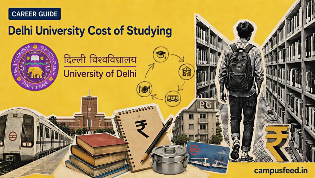 Delhi University cost of studying showing private PG accommodation, official University of Delhi logo, metro travel and student living expenses in Delhi during 2026