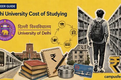 Delhi University cost of studying showing private PG accommodation, official University of Delhi logo, metro travel and student living expenses in Delhi during 2026