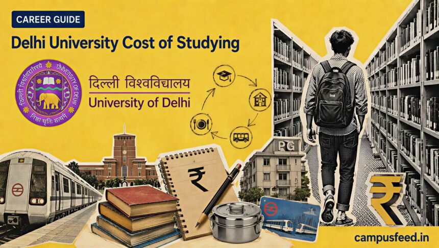 Delhi University cost of studying showing private PG accommodation, official University of Delhi logo, metro travel and student living expenses in Delhi during 2026