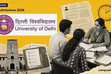 Delhi University admission office and counselling desk for DU Admissions 2026 first-round seat allocation, with official logo, document stacks and deadline clock