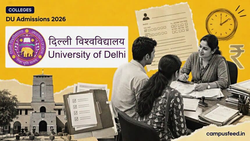 Delhi University admission office and counselling desk for DU Admissions 2026 first-round seat allocation, with official logo, document stacks and deadline clock