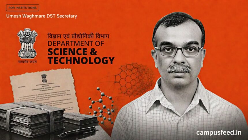 Empty official chair and DST emblem represent the Umesh Waghmare DST Secretary appointment announced by the Union government in July 2026