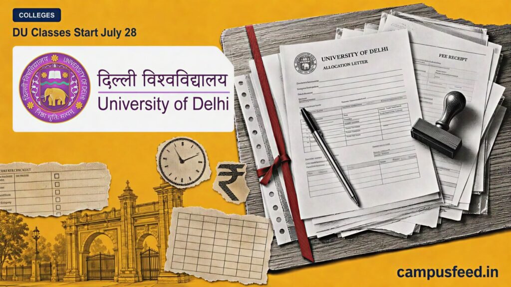 Delhi University admission documents and campus timetable illustrate DU Classes Start July 28 for odd semesters during the 2026-27 academic session