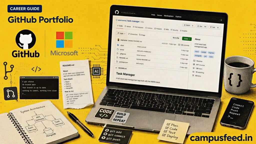 GitHub portfolio with public coding repositories displayed beside a developer laptop, illustrating skill-first hiring trends for Indian freshers in 2026
