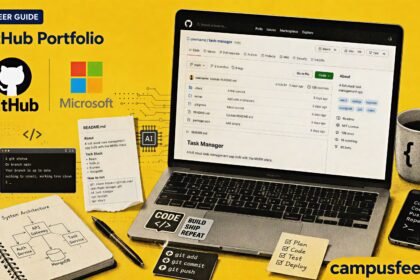 GitHub portfolio with public coding repositories displayed beside a developer laptop, illustrating skill-first hiring trends for Indian freshers in 2026