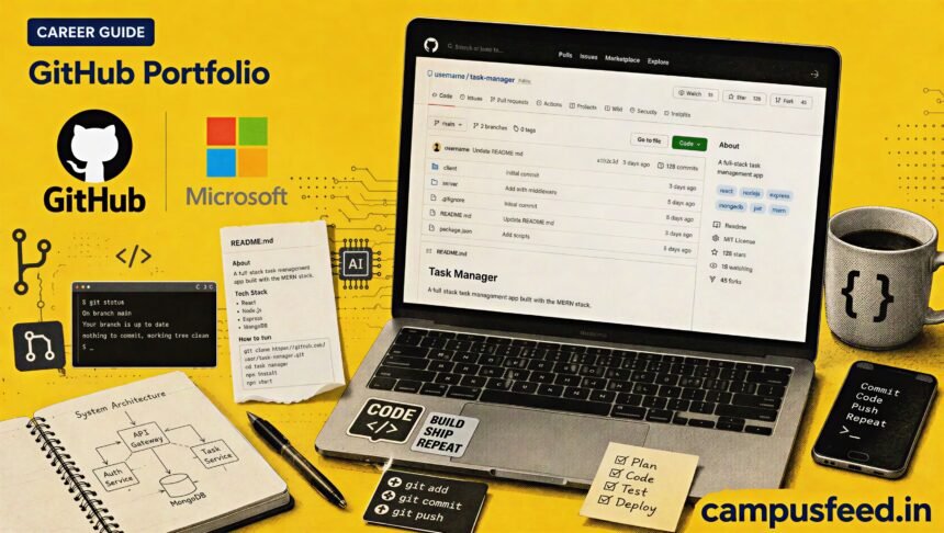 GitHub portfolio with public coding repositories displayed beside a developer laptop, illustrating skill-first hiring trends for Indian freshers in 2026