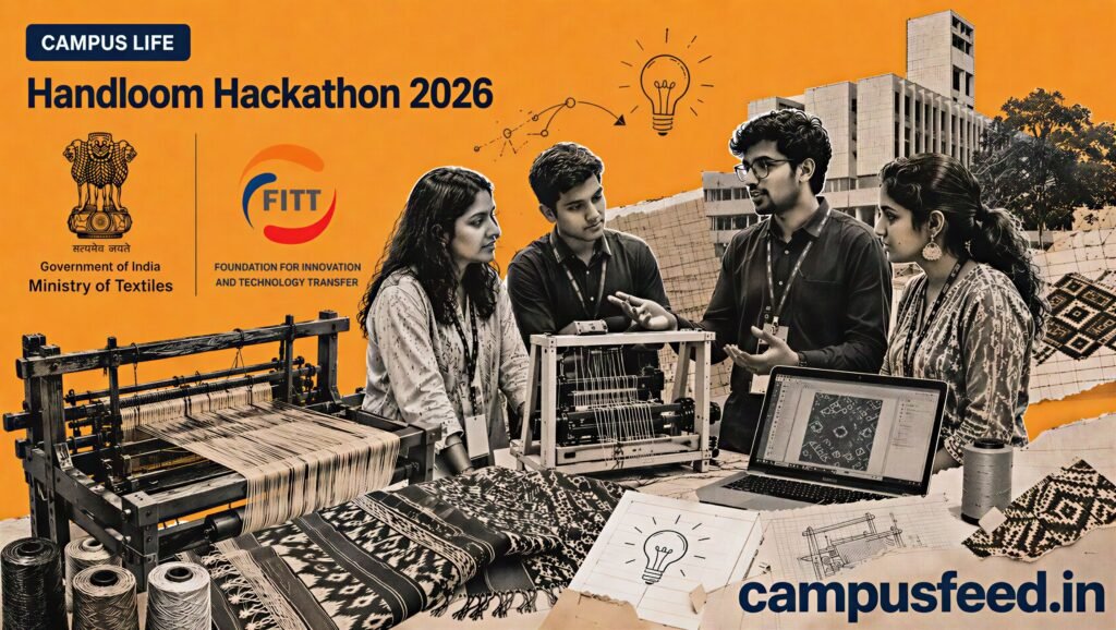 Handloom Hackathon 2026 grand finale at FITT IIT Delhi with Ministry of Textiles branding, student innovation teams, and handloom weaving elements during the national innovation challenge