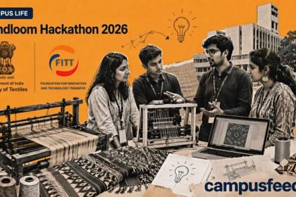 Handloom Hackathon 2026 grand finale at FITT IIT Delhi with Ministry of Textiles branding, student innovation teams, and handloom weaving elements during the national innovation challenge