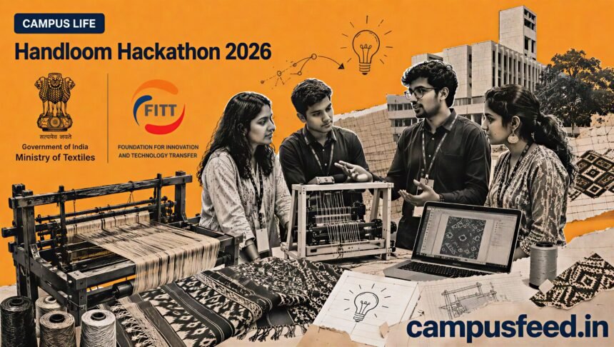 Handloom Hackathon 2026 grand finale at FITT IIT Delhi with Ministry of Textiles branding, student innovation teams, and handloom weaving elements during the national innovation challenge