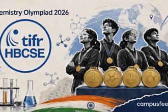 HBCSE result-day podium and gold-medal chemistry symbols mark Chemistry Olympiad 2026, where India's four-member team completed its first all-gold sweep