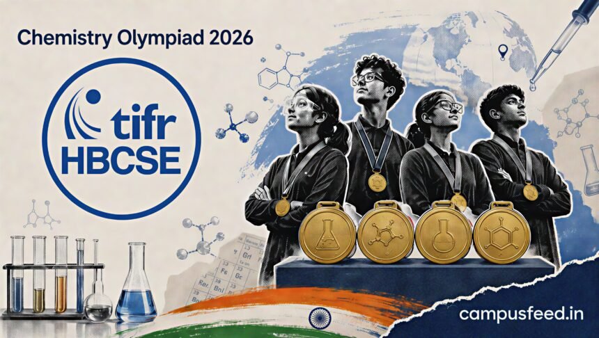 HBCSE result-day podium and gold-medal chemistry symbols mark Chemistry Olympiad 2026, where India's four-member team completed its first all-gold sweep
