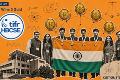 HBCSE-TIFR emblem, five gold medals and physics equations frame India Wins 5 Gold at the International Physics Olympiad 2026