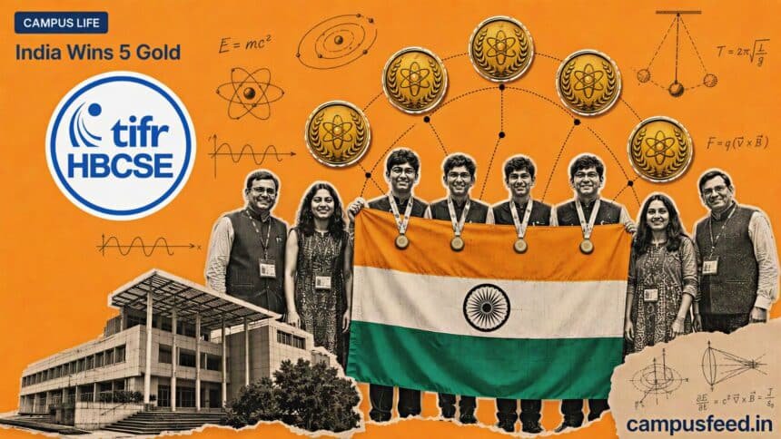 HBCSE-TIFR emblem, five gold medals and physics equations frame India Wins 5 Gold at the International Physics Olympiad 2026