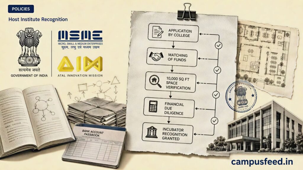 Host Institute Recognition explainer with AIM and MSME emblems, college incubator files, matching fund account, and campus space