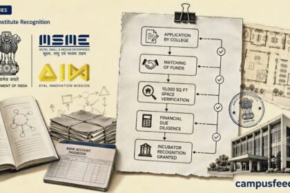 Host Institute Recognition explainer with AIM and MSME emblems, college incubator files, matching fund account, and campus space
