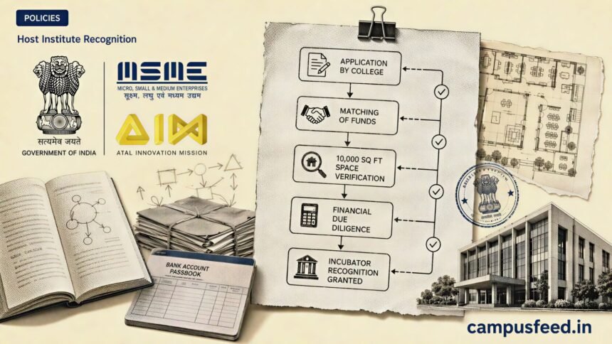 Host Institute Recognition explainer with AIM and MSME emblems, college incubator files, matching fund account, and campus space