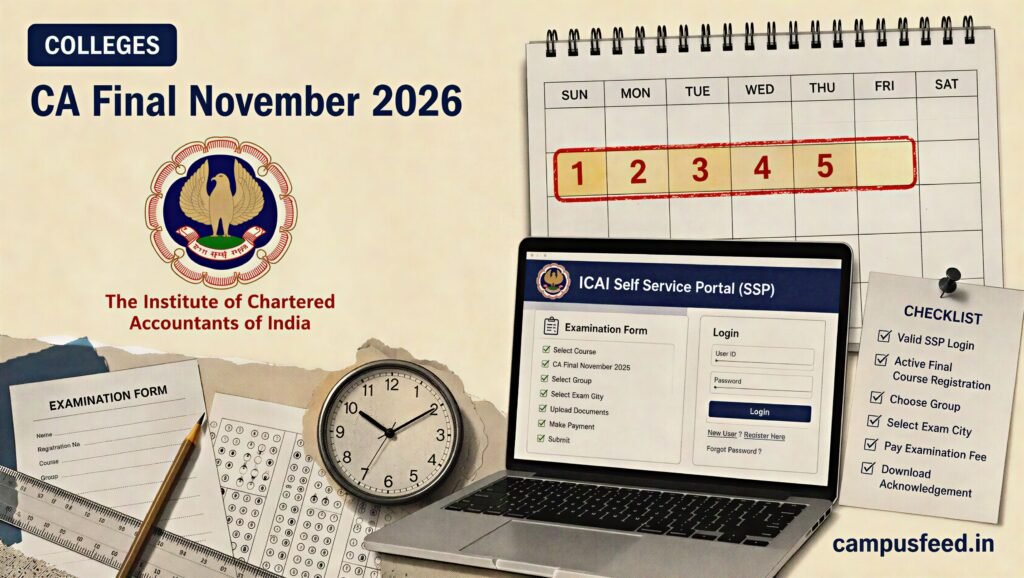 ICAI CA Final November 2026 exam form reopening notice displayed with the ICAI emblem, examination calendar and SSP portal application timeline for eligible candidates