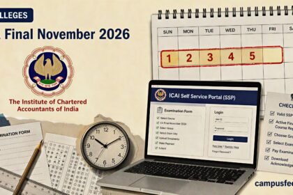 ICAI CA Final November 2026 exam form reopening notice displayed with the ICAI emblem, examination calendar and SSP portal application timeline for eligible candidates
