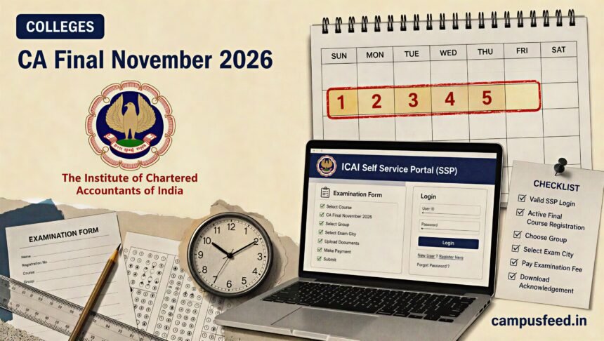 ICAI CA Final November 2026 exam form reopening notice displayed with the ICAI emblem, examination calendar and SSP portal application timeline for eligible candidates