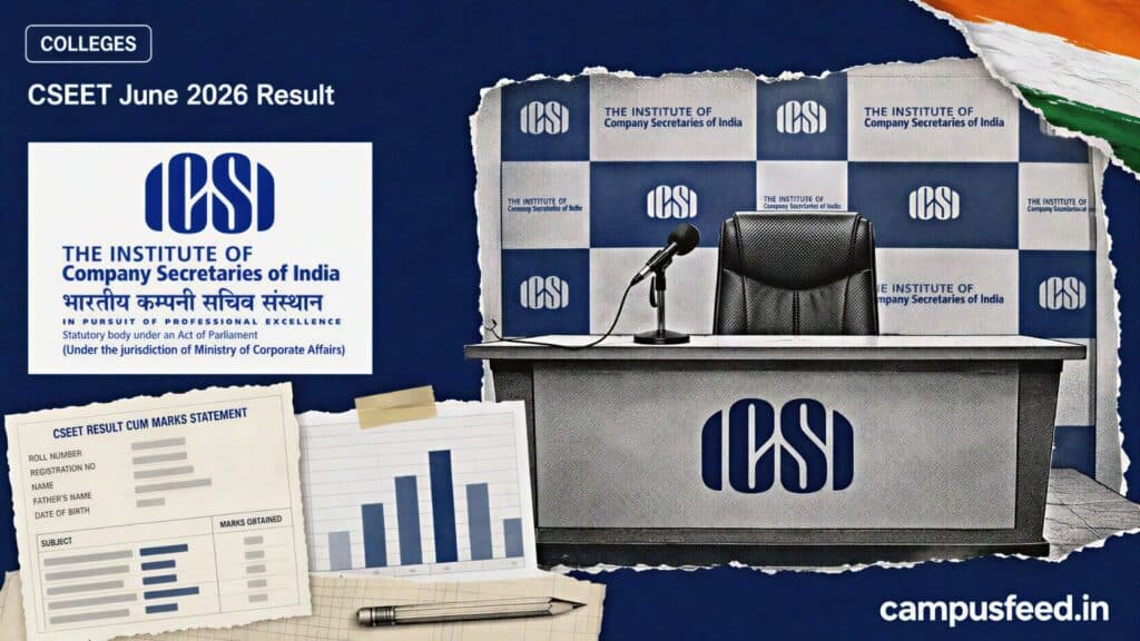 ICSI result-day podium and scorecard collage for CSEET June 2026 Result, with the official emblem and neutral pass-rate visuals