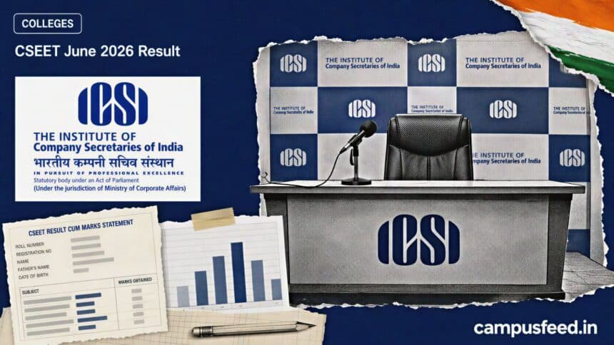 ICSI result-day podium and scorecard collage for CSEET June 2026 Result, with the official emblem and neutral pass-rate visuals