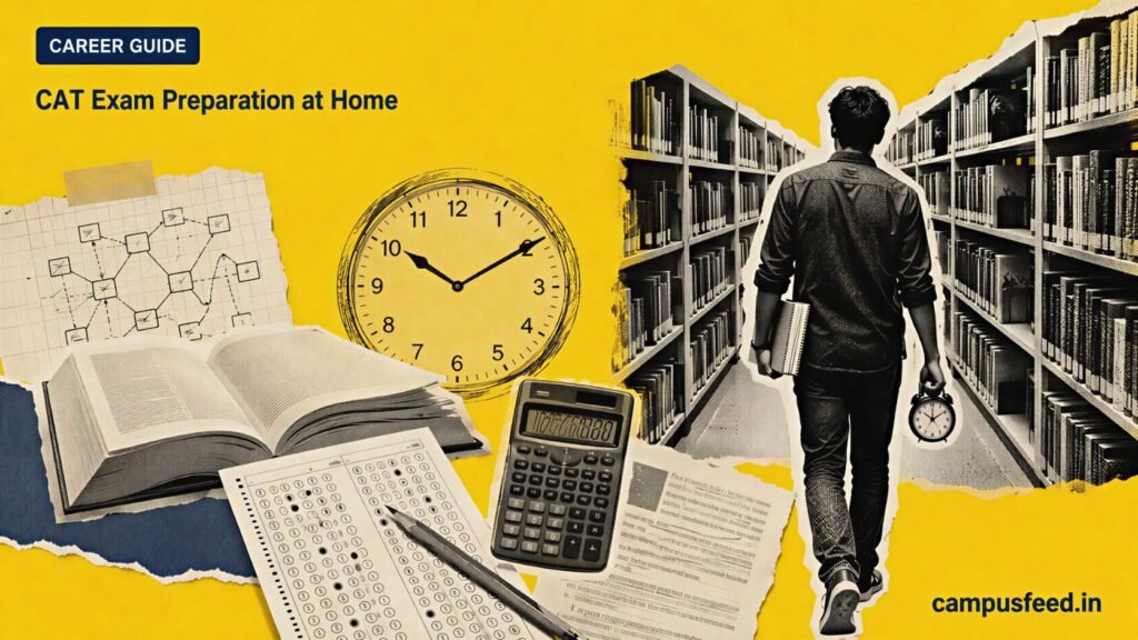 CAT exam preparation at home guide with the official CAT emblem, a halftone library aisle, open books, mock-test sheets and an analog clock