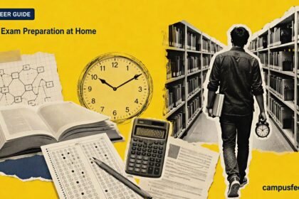 CAT exam preparation at home guide with the official CAT emblem, a halftone library aisle, open books, mock-test sheets and an analog clock