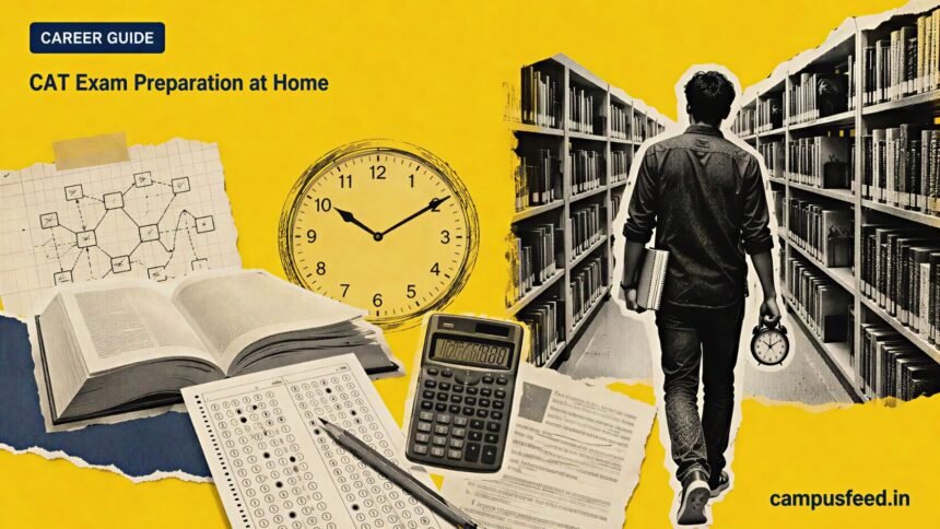 CAT exam preparation at home guide with the official CAT emblem, a halftone library aisle, open books, mock-test sheets and an analog clock