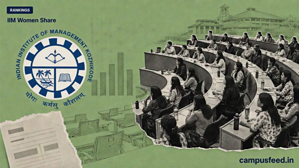 IIM Women Share data visual with a halftone MBA lecture hall, official campus emblem and women-led classroom silhouettes for the 2026-28 batches