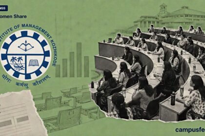 IIM Women Share data visual with a halftone MBA lecture hall, official campus emblem and women-led classroom silhouettes for the 2026-28 batches