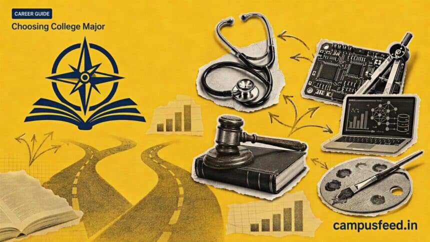 Choosing College Major guide with halftone career tools representing engineering, medicine, commerce, law and design pathways for Indian students in 2026