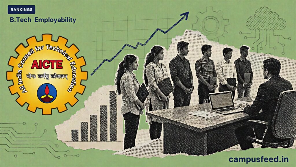 Halftone engineering placement scene visualising B.Tech Employability across Computer Science, IT, Electronics, Instrumentation and Mechanical branches in India
