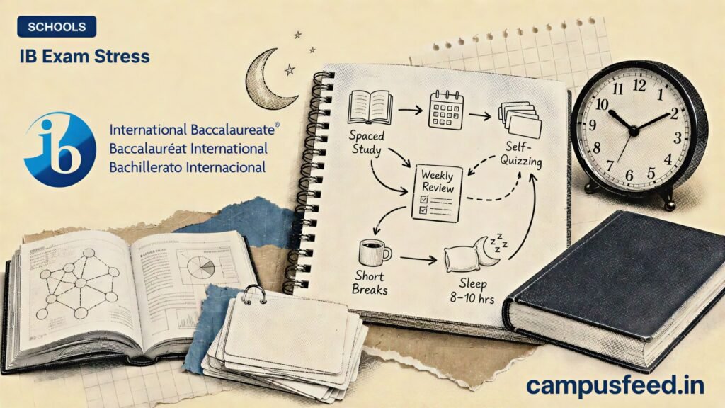 IB Exam Stress explainer with a sketched revision flowchart, spaced-practice flashcards, an analog clock, and the official International Baccalaureate logo
