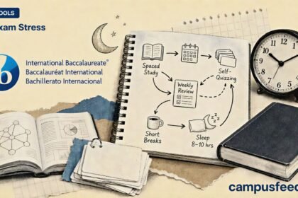 IB Exam Stress explainer with a sketched revision flowchart, spaced-practice flashcards, an analog clock, and the official International Baccalaureate logo