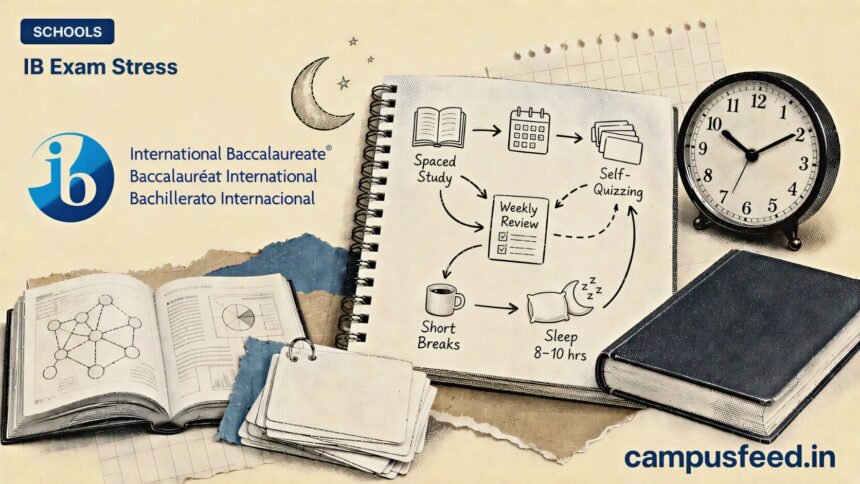 IB Exam Stress explainer with a sketched revision flowchart, spaced-practice flashcards, an analog clock, and the official International Baccalaureate logo