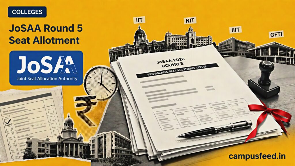 JoSAA Round 5 Seat Allotment document stack with final counselling forms, deadline clock and IIT, NIT, IIIT admission context