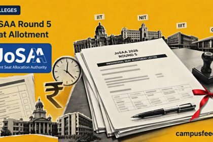 JoSAA Round 5 Seat Allotment document stack with final counselling forms, deadline clock and IIT, NIT, IIIT admission context