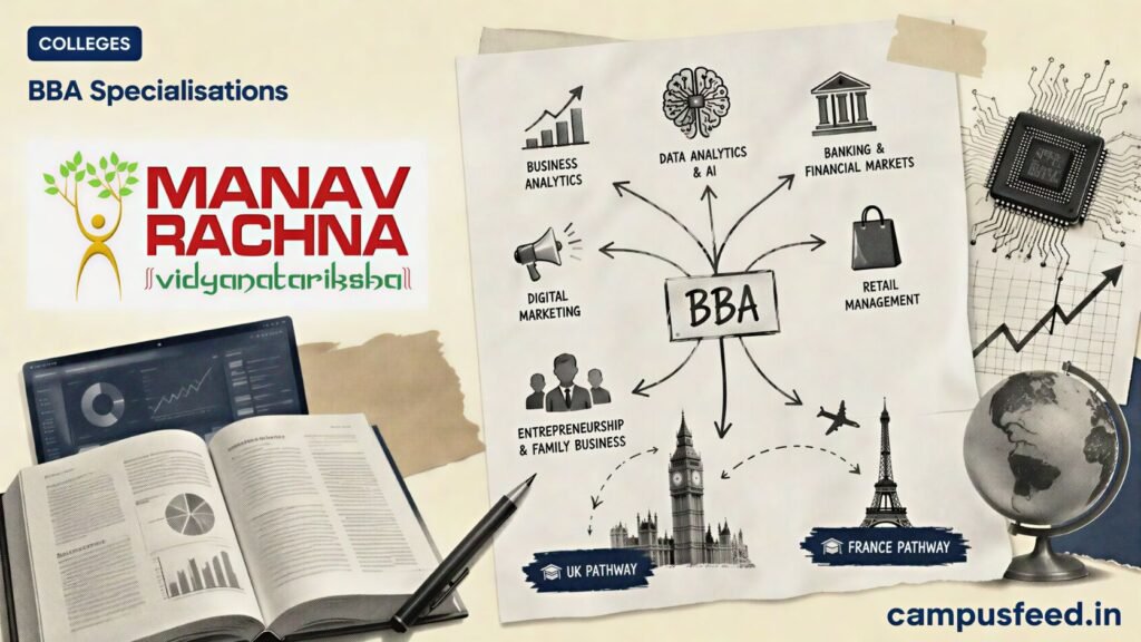 Manav Rachna BBA specialisations visualised through a halftone decision tree connecting analytics, AI, finance, retail and dual degree pathways