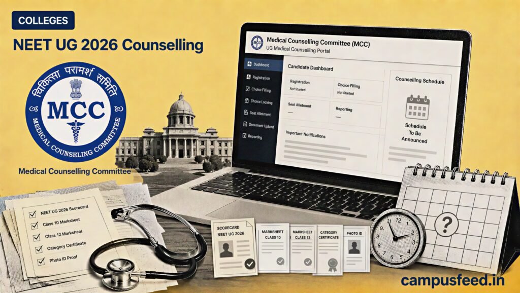 NEET UG 2026 Counselling portal with MCC identity, registration checklist, medical college silhouettes and an unresolved schedule calendar