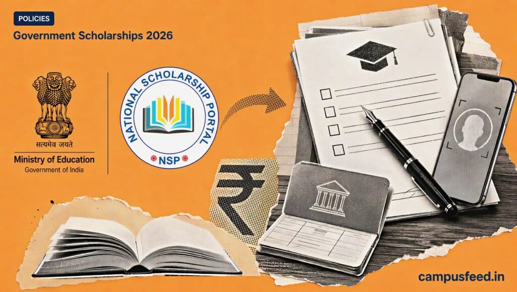 Scholarship application form with Government Scholarships 2026 strip, Ministry of Education emblem, NSP logo, rupee motif and Aadhaar-linked OTR paperwork