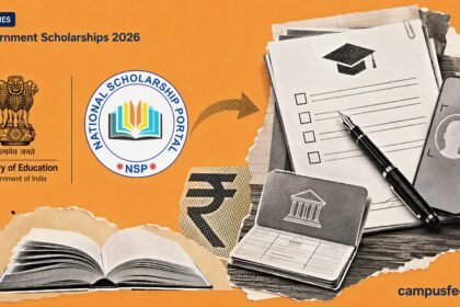 Scholarship application form with Government Scholarships 2026 strip, Ministry of Education emblem, NSP logo, rupee motif and Aadhaar-linked OTR paperwork