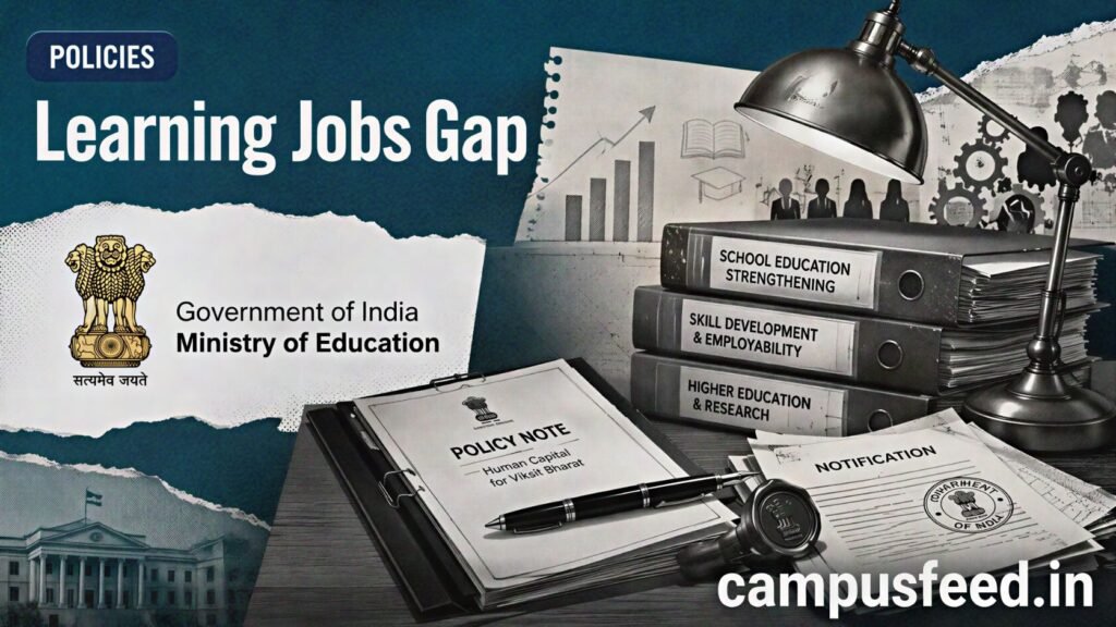 Ministry of Education Learning Jobs Gap policy discussion showing official ministry emblem, education documents, workforce skills graphics, and state education planning for 2026-27