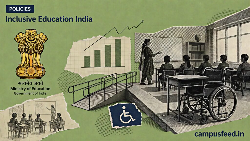 Inclusive education India data scene with an accessible classroom, wheelchair ramp, CWSN toilet symbol and Ministry of Education emblem