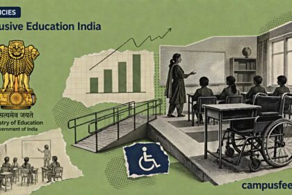 Inclusive education India data scene with an accessible classroom, wheelchair ramp, CWSN toilet symbol and Ministry of Education emblem