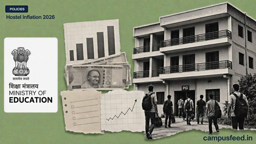 Ministry of Education student housing data collage showing Hostel Inflation 2026 pressure across Tier-2 Indian college towns