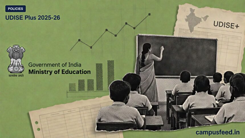 MoE UDISE Plus 2025-26 classroom data collage showing teacher growth, dropout decline, and school access indicators