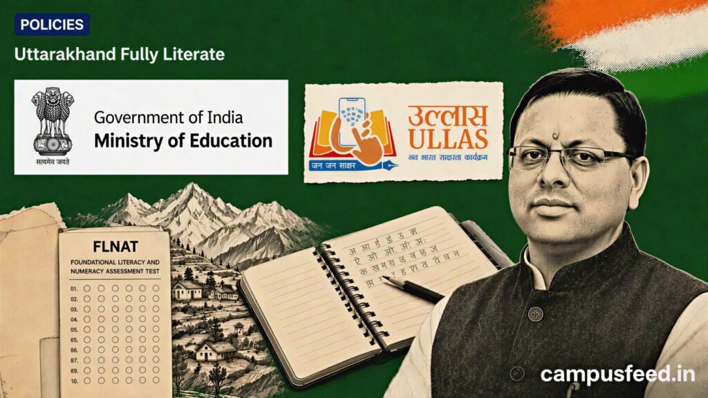 MoE literacy mission collage for Uttarakhand fully literate status under ULLAS with adult learning and government education symbols