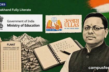 MoE literacy mission collage for Uttarakhand fully literate status under ULLAS with adult learning and government education symbols